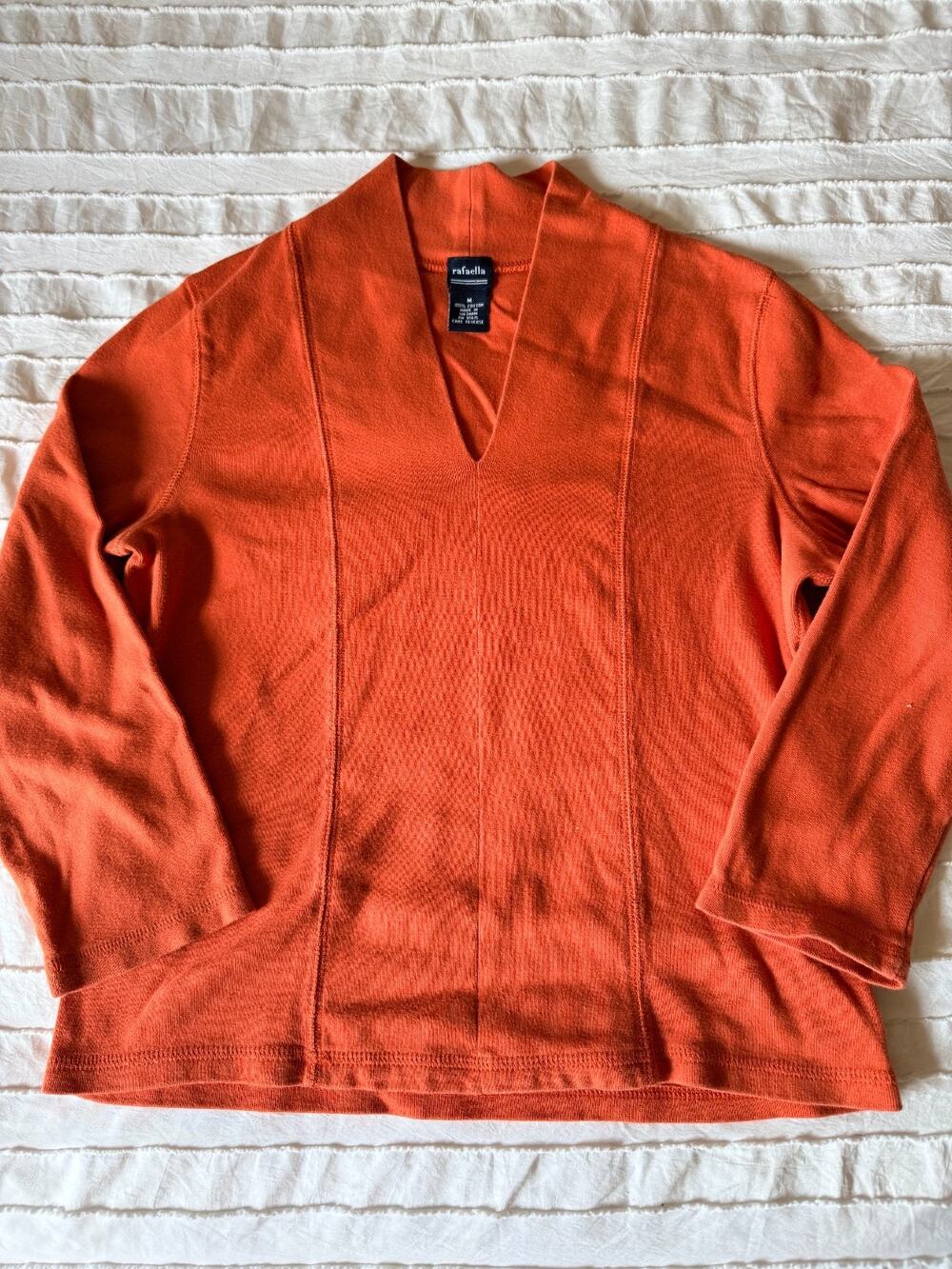 Rafaella Women’s Medium Orange V Neck Long Sleeve Cotton Top Pullover Shirt